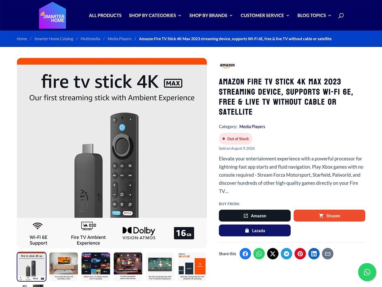 A product page: gallery with thumbnails, breadcrumbs, availability badge with your own wording, buttons through to the marketplaces that stock it, and a share row.