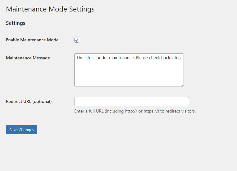 The maintenance mode settings page, where you can enable the mode, set a custom message, or specify a redirect URL.