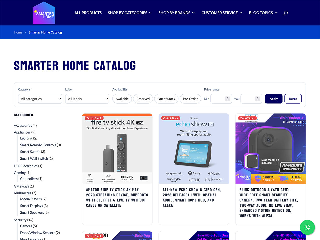 The catalogue, with filters for category, label, availability and price range, a category sidebar, and availability badges on every card.