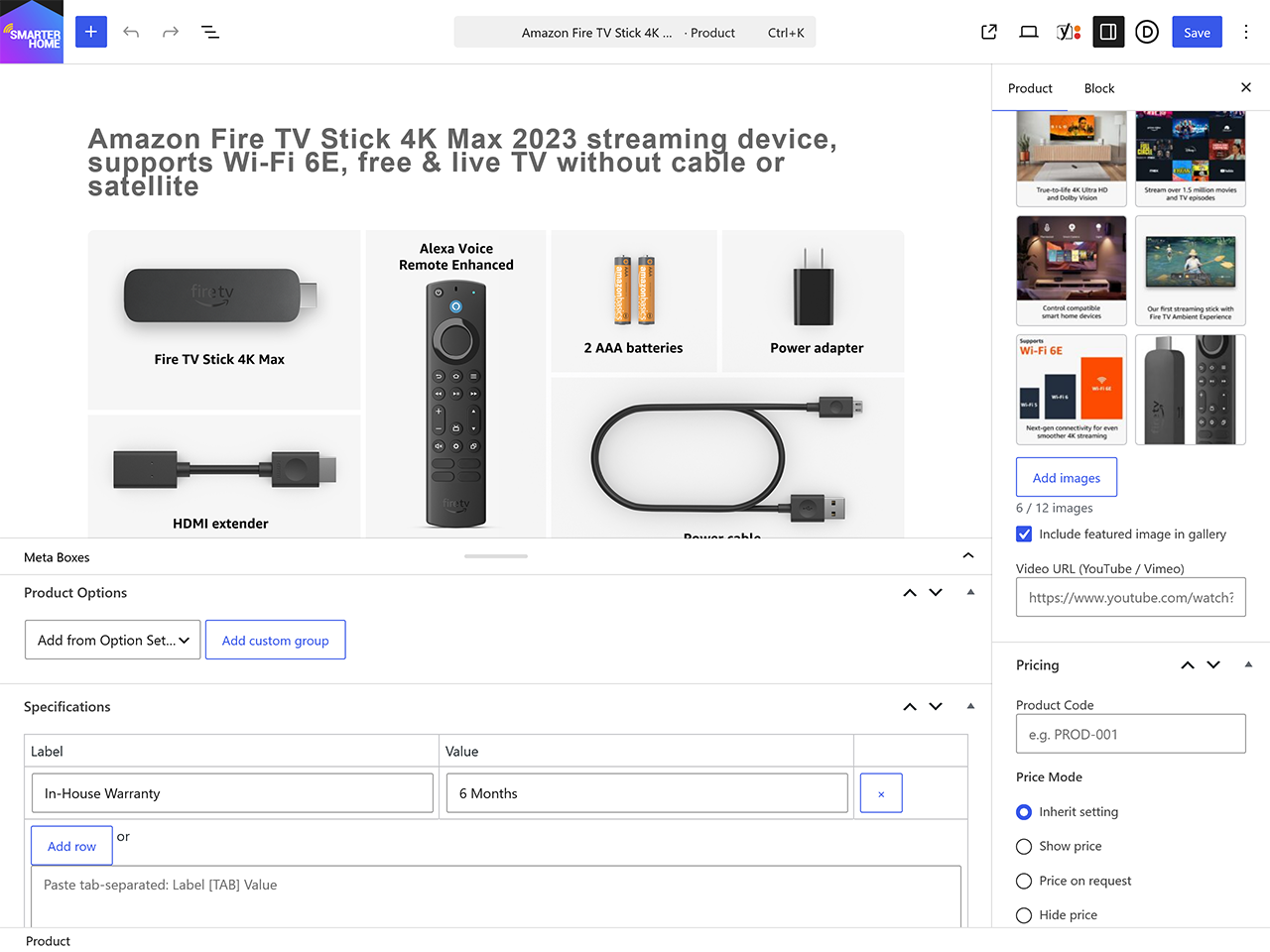 The product editor — gallery with drag-to-reorder, product options, a specifications table you can paste straight from a spreadsheet, and price modes including "price on request".