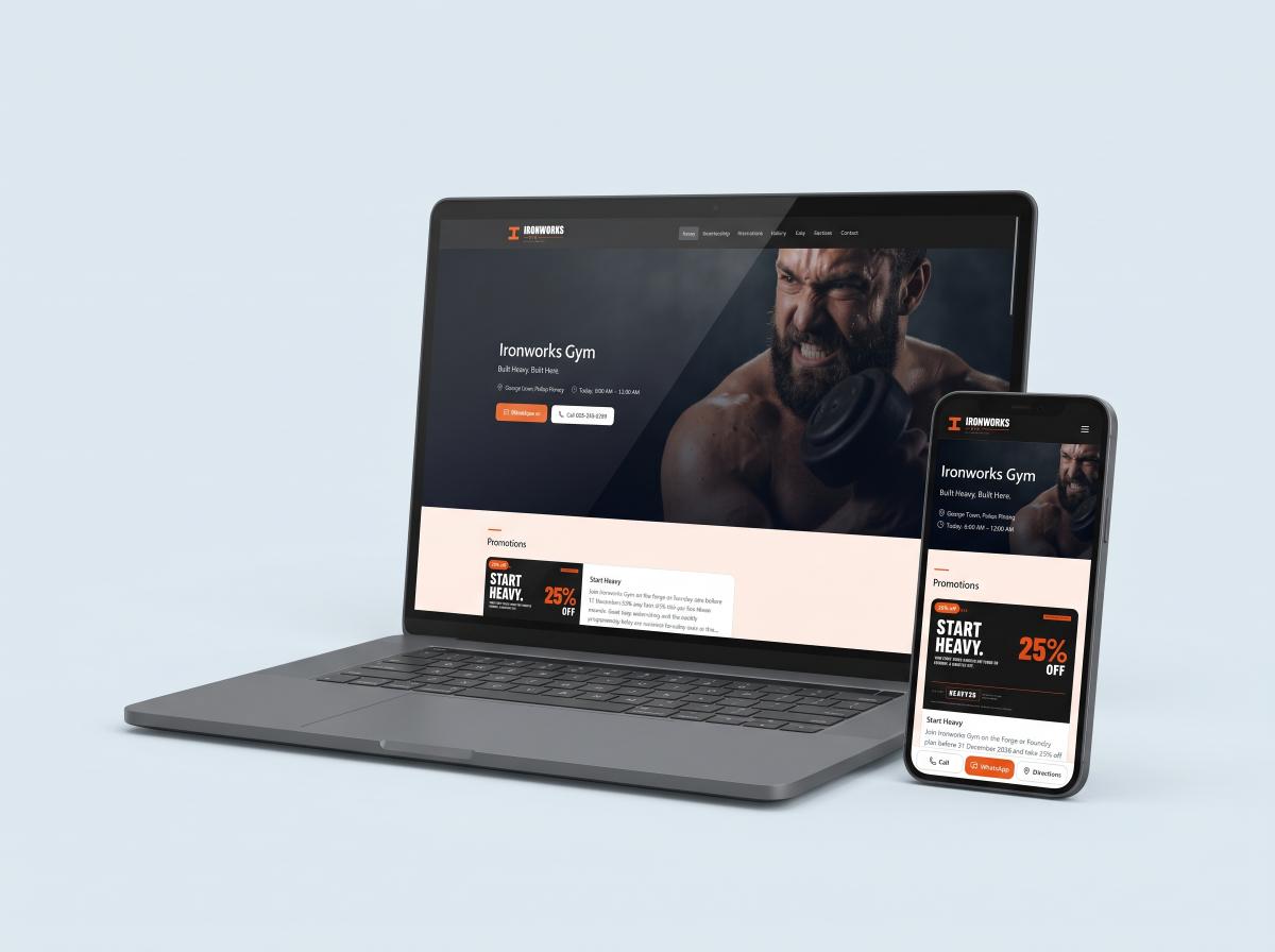 The Ironworks Gym demo website on ur.my, seen on a phone and a laptop